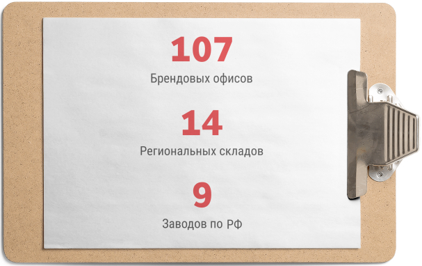107 офисов, 14 складов, 9 заводов по РФ